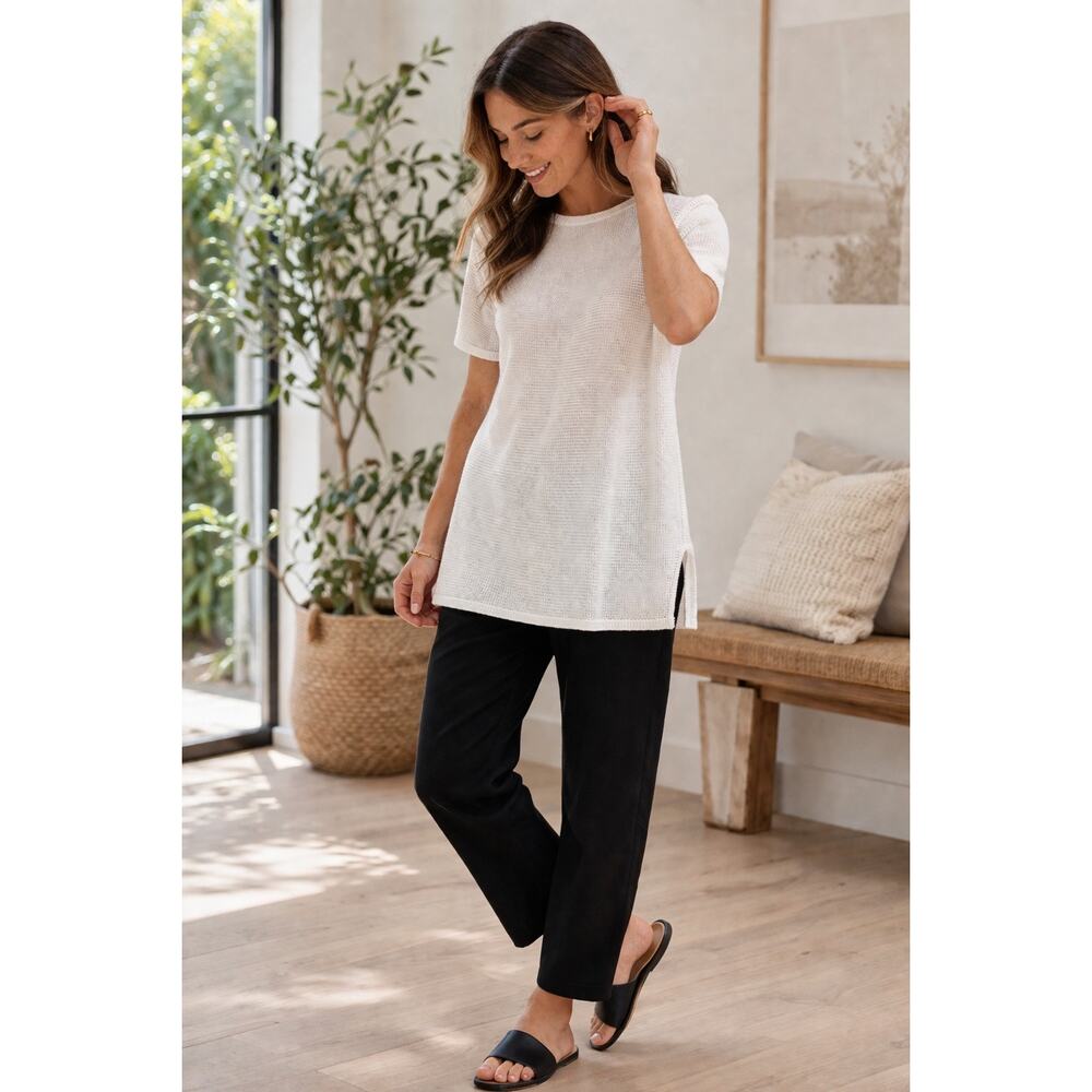 Eileen Fisher Organic Linen Cotton Short Sleeve Tunic Sweater L White EUC
